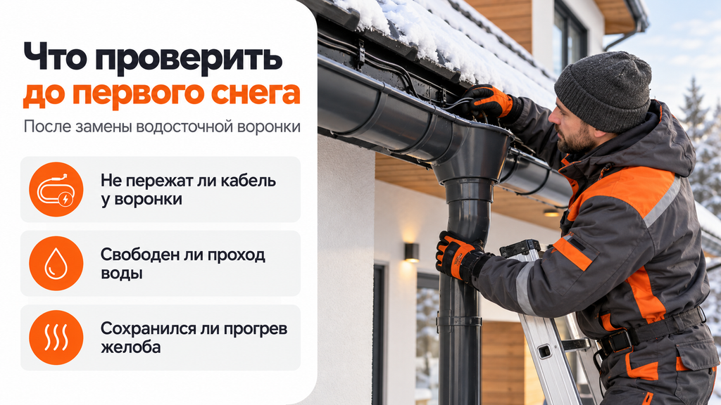 Специалист осматривает кабель у водосточной воронки; рядом перечислены проверки перед первым снегом.