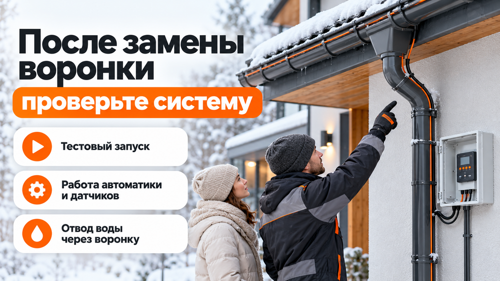 Специалист показывает владельцу водосточную воронку и блок управления системой обогрева; рядом приведён список проверок.